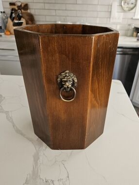 Vintage Wooden Vintage Hexagon Waste Paper Bin Brass Lion Handles